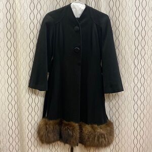 Black Wool Coat with Fox Fur Trim
